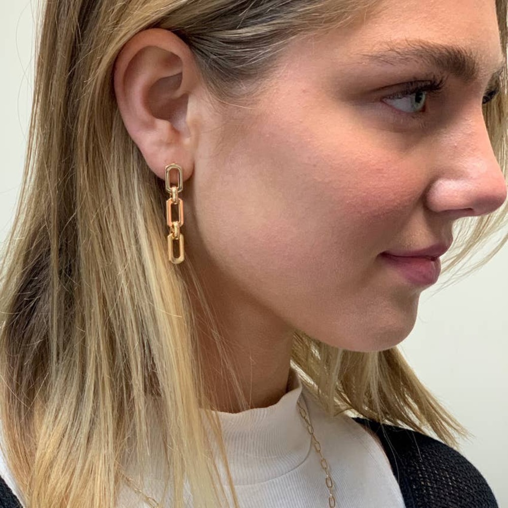 Gold Three Link Stud Earrings